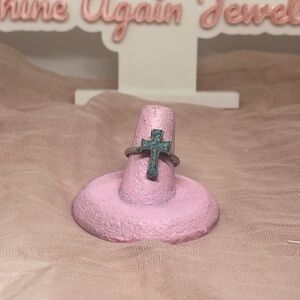 Sterling silver crushed Turquoise Cross Ring size 8